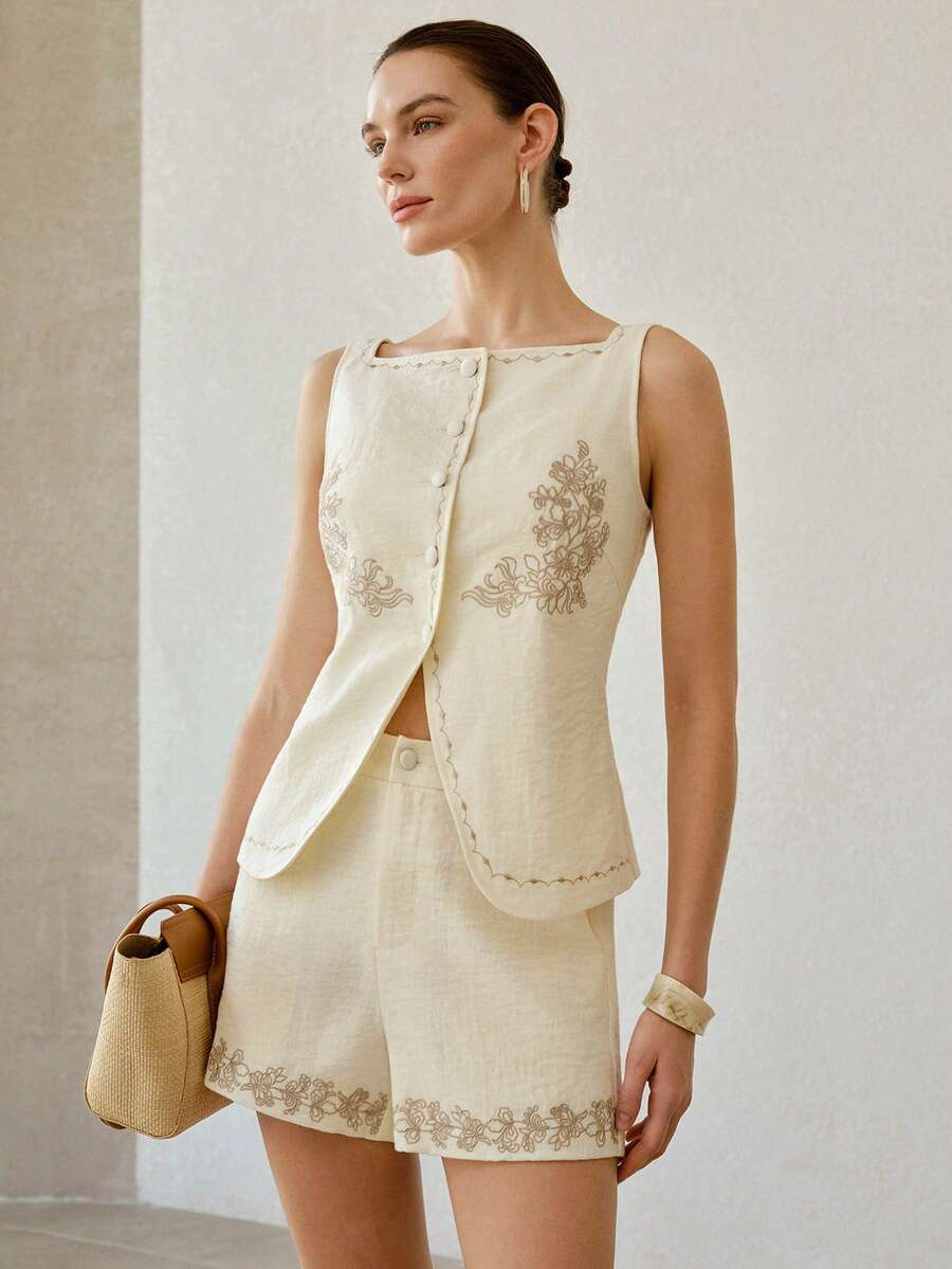 MOTF PREMIUM 女士杏色亚麻质感花卉刺绣优雅通勤短裤 - 杏色 - 查看 2