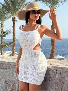 SHEIN Hollow Out Cut Out Beachwear Cover Up Mini Dress - Apricot - View 7