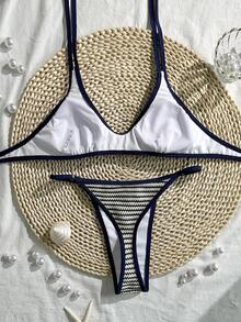Bonvoyette 女士针织黑白条纹挂脖比基尼上衣，性感比基尼套装 - 彩色 - 查看 3