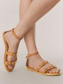 Styleloop 铆钉装饰罗马凉鞋，新款春夏波西米亚风编织交叉绑带女士旅行鞋 - 棕色 - 查看 5