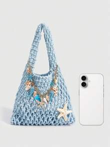 ROMWE Fairycore 1 pieza Bolso de playa tejido de estilo colorido de océano de vacaciones de primavera/verano con estilo personalizado de moda, bolso grande para mujer, bolso de playa - Multicolor 7 - Ver 3