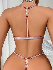 SHEIN Bộ 2 món trang trí hình trái tim đính đá Rhinestone Bộ đồ lót kim loại Bridallingerie, Rave - Đỏ - Xem 2