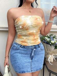 GalTyme 大码女式亮片花卉褶皱抹胸上衣 - 橘色 - 查看 3