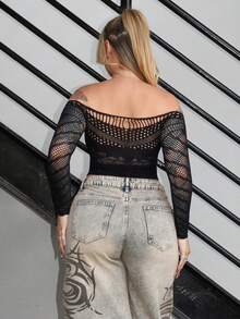 Arliah Top transparent à manches longues en maille Y2K sexy - Noir - Voir 2