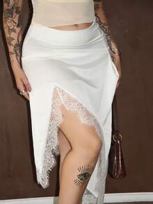 Arliah 女士优雅刺绣撞色蕾丝不对称半身裙，春夏款 - 杏色 - 查看 6