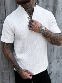 Manfinity Homme 极简主义时尚字母刺绣缺口领男士T恤 - 白色 - 查看 6