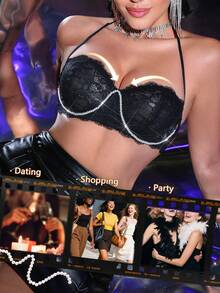 MidnightGlam 1 pieza Ropa interior de mujer, Sujetador de encaje negro con aro, Taza sexy y delgada - Negro - Ver 3