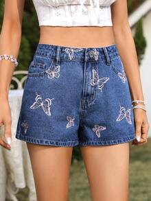 Breezaya 女士蝴蝶刺绣高腰口袋休闲牛仔短裤 - 寶藍色 - 查看 1