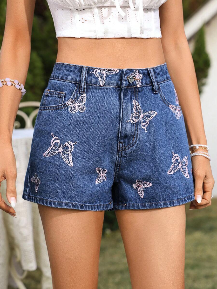 Breezaya 女士蝴蝶刺绣高腰口袋休闲牛仔短裤 - 寶藍色 - 查看 1