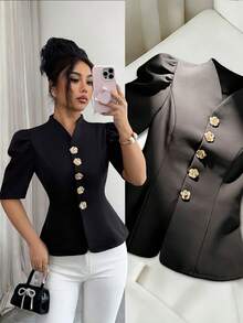 Elenzga Women's Elegant French-Style Light Luxury Rose-Buttoned Collar, Bubble Sleeves, Fitted Waist Shirt. Sophisticated, Professional, And Slim-Fitting Top. - Black - View 1