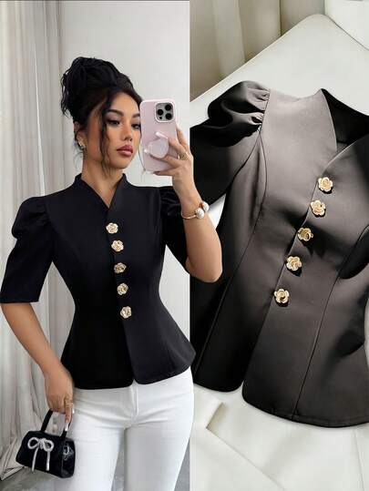 Elenzga Women's Elegant Casual Black Flared Daily Wear Metal Flower Buckle Short Sleeve Thin Flared Jacket, Suitable For Autumn/Winter Party, New Year, Christmas, Valentine's Day, Halloween Casual Outfit