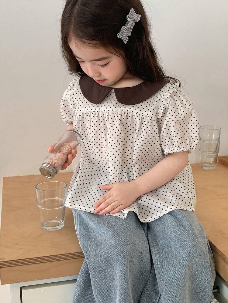 Baby Girl Summer Casual Polka Dot Print Contrast Collar Petal Sleeve Top