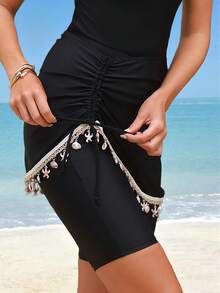 Swim Mulvari Women's New Black 2 Pieces Swimsuit Set, Modest Shorts And Fashionable Ruched Mini Skirt Bottom - Black - View 3