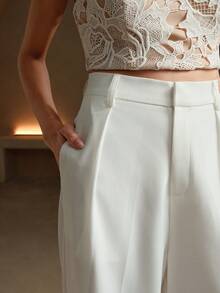 Anewsta Tall 优雅时尚的白色褶裥女士西装裤，带口袋，直筒裤型，适合高挑身材，秋季、冬季、夏季、春季、新年、派对、婚礼等场合穿着，尽显优雅、时尚、别致、商务休闲风。 - 白色 - 查看 5