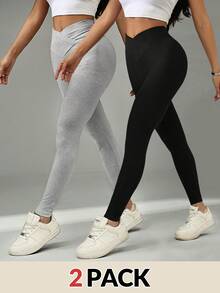 SHEIN PETITE 2pcs Women Yoga V-Neck Pants, High Waist Criss-Cross Fitness Sports Leggings - Multicolor - View 1