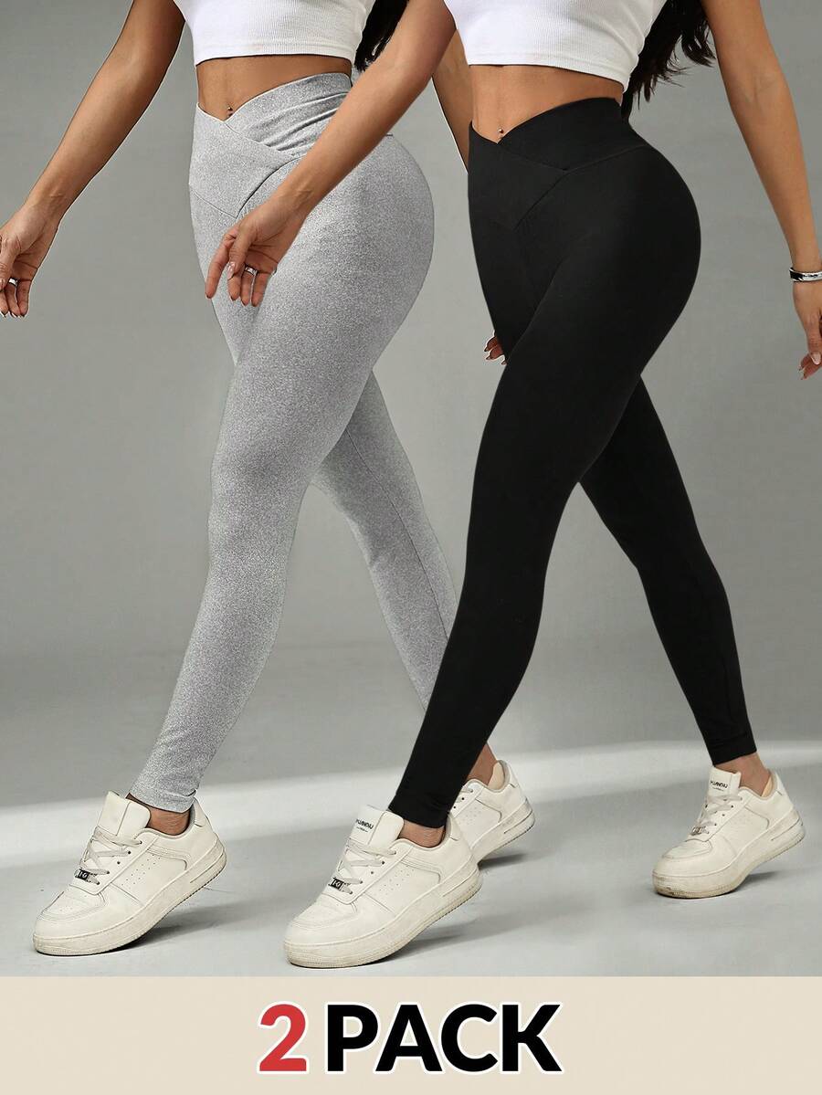 SHEIN PETITE 2pcs Women Yoga V-Neck Pants, High Waist Criss-Cross Fitness Sports Leggings - Multicolor - View 1