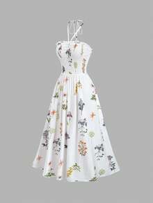 Sweetra Plant Print Backless Dress, Casual Vacation Style For Women, Spring/Summer - Multicolor - View 3