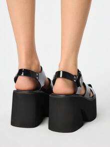 ROMWE Goth Women's Black Criss-Cross Hook And Loop Wedge Platform Sandals - Black - View 5
