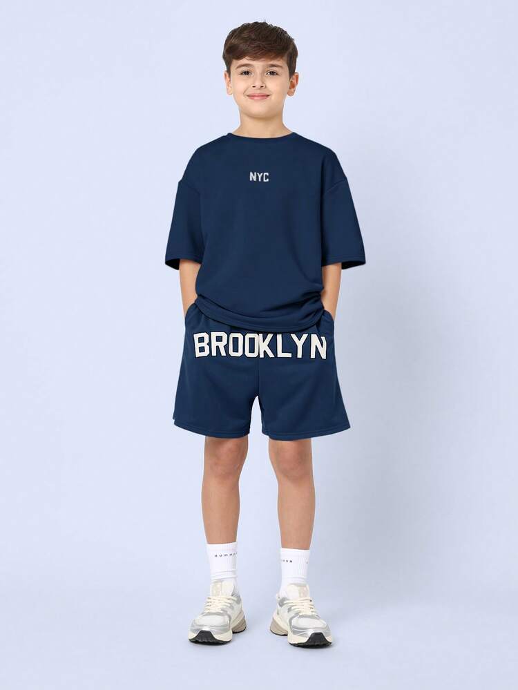 Boys NYC Brooklyn Casual Summer Co-Ord Set With Large Graphic Print Tee And Shorts Ensemble