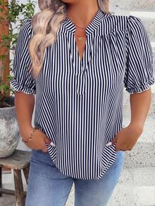 Breezaya Plus Size Women Striped V-Neck Casual Everyday Short Sleeve Shirt - Navy Blue - View 6
