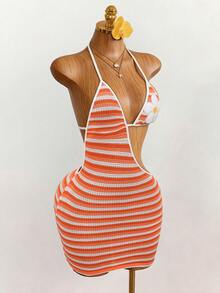 Mistrie Women's Floral Embroidery Striped Hollow Out Sexy Halter Neck Dress  Summer  , Summer Dress , Summer Dresses For Women , Summer Dresses  , Summer Outfits  , Summer Clothes  , Summer Outfits For Women , Summer Holiday Outfit , Summer Outfit For Women ,  Orange Beach Dress Bikini Skirt Set Bathing Suit Dress Dress Swimsuit Women Bikini Dress Skirt Swimsuit Set Knitted Bathing Suit Orange 2 Piece Set 2piece Summer Sets Halter Top Two Piece Set Orange Two Piece Set 2 Piece Summer Sets - Multicolor - View 6