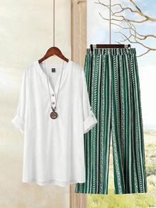 Rusticease 女式休闲纯色缺口领衬衫和条纹裤两件套，秋季 - 綠色 - 查看 5