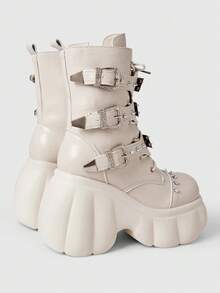 ROMWE Grunge Punk Women Heeled Sandals~ 2025 New Fashion Autumn And Winter Punk Style Beige PU Round Toe Rivet Front Lace-Up Platform Riding Boots Women Small Height Goth Metal Handsome Locomotive Boots Hot Girls Fried Street Small Boots - Beige - View 10