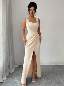 xheSHEIN Elenzya Vestido elegante y romántico para damas, con cuello cuadrado sin mangas, decoración de perlas en la cintura, plisado, abertura, ajustado, ligero, para fiesta y cóctel, con bajo de cola de sirenaxhe - Albaricoque - Ver 5