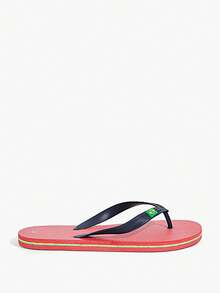 Grefit Tongs de plage à fond plat avec imprimé assorti, convenant pour le port intérieur et extérieur, tongs de plage légères et confortables, antidérapantes, convenant pour la marche extérieure, le style de rue, tongs à fond plat multifonctionnelles, convenant pour le port intérieur et extérieur, style tropical en saison des vacances, design de couleur unie, convenant pour le printemps et l'été, saison de la rentrée scolaire - Rouge corail avec bleu marine - Voir 6