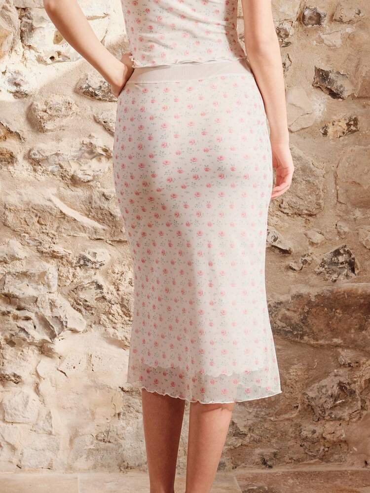 Floral Midi Mesh Skirt With Sheer Waistband Delicate Holiday Outfit Going Out Spring Summer Vacation Outfit French Style Parisian Style