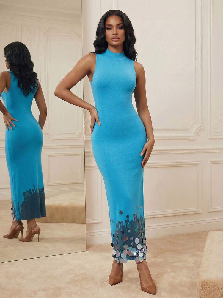 Sexy Fitted Asymmetrical Hem Handcrafted Beaded Knit Dress