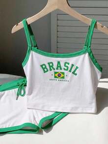 Comfortcana Conjunto de camiseta de tirantes y shorts súper cortos en los colores de la bandera de Brasil - Multicolor - Ver 3