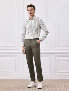 Officeau Men's Solid Color Pocket Simple Commuter Casual Pants - Army Green - View 8