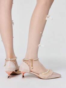 ROMWE Kawaii Elegant Pearl Wedding High Heels - Champagne - View 5