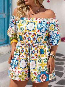 Vivid Eden 大码波西米亚风露肩宽松腰短款连体裤，适合休闲度假穿着 - 黃色 - 查看 10