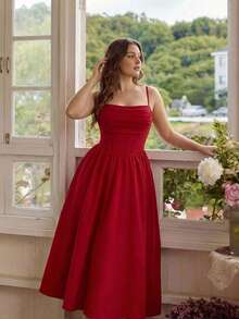 SHEIN MOD Váy hai dây đơn giản, màu trơn, cỡ lớn, phong cách thường ngày - Đỏ - Xem 1
