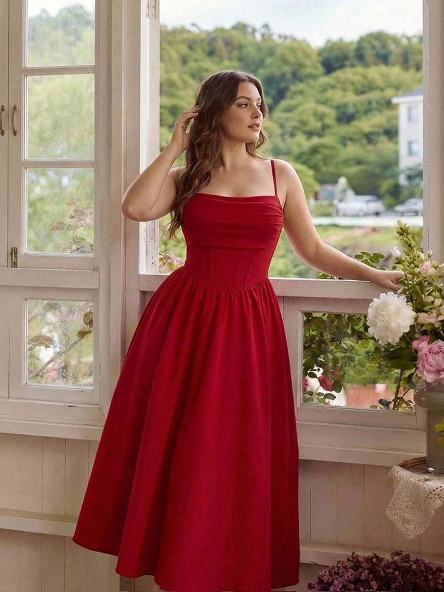 SHEIN MOD Váy hai dây đơn giản, màu trơn, cỡ lớn, phong cách thường ngày - Đỏ - Xem 1