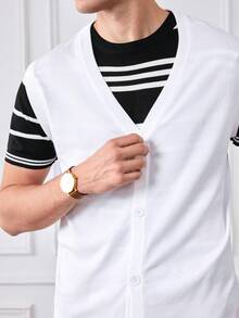 Officeau V领纽扣前开襟休闲纯色男士毛衣背心 - 白色 - 查看 8