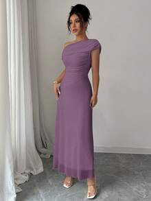 Modelyn Đầm dạ hội nữ bằng vải lưới, vai bất đối xứng, xếp ly, vạt bồng, kiểu Pháp thanh lịch, tinh khiết. - Màu tím - Xem 4