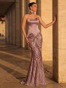 Glamrae Falda de sirena de satén fruncido con empalme de malla bordada con perlas elegante y lujosa, adecuada para boda, fiesta, vacaciones, baile, vestido de noche (bordado pesado) - Rosa - Ver 1