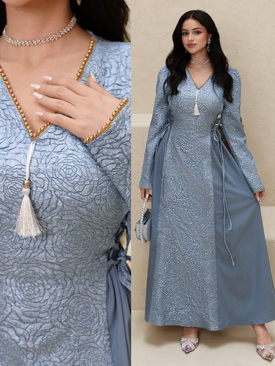 Yasmyna New Design V-Neck Tassel Tie-Waist Splicing High-End Party & Holiday Dress - Blue - View 1