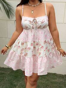 Sunnyshic Plus Size Elegant Floral & Leopard Print Patchwork Spaghetti Strap Vacation Dress, Summer - Multicolor - View 3