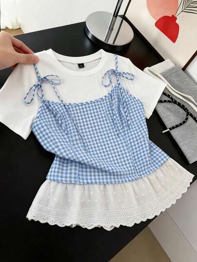 Franclia Plus Size Women Plaid Print 2 In 1 Contrast Color Fashionable Versatile Daily Wear Shirt