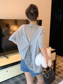 DAZY 女士圆领蕾丝拼接休闲系带短袖T恤 夏季 - 灰色 - 查看 2