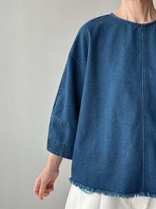 FRIFUL Blusa vaquera de mujer de unicolor, cuello redondo, holgada y versátil - Azul - Ver 7