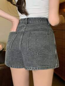 DAZY 女士休闲水洗牛仔迷你裙，夏季牛仔短裤 - 灰色 - 查看 6