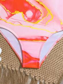 SHEIN 少女圆领撞色连体泳衣，适合游泳、度假、夏季海滩、泳池 - 彩色 - 查看 5