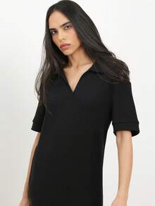 KSTM 翻领针织中长连衣裙，长袖V领黑色连衣裙，侧开衩设计，秋冬季优雅办公室职业装 - 黑色 - 查看 5