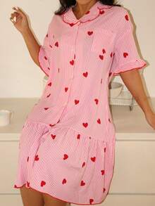 Liftille Striped Heart Print Short Sleeve Women Nightgown - Multicolor - View 3