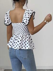 Elenzga 女士复古优雅波点印花露背扭结前襟娃娃衫，适合夏季度假 - 黑與白 - 查看 2